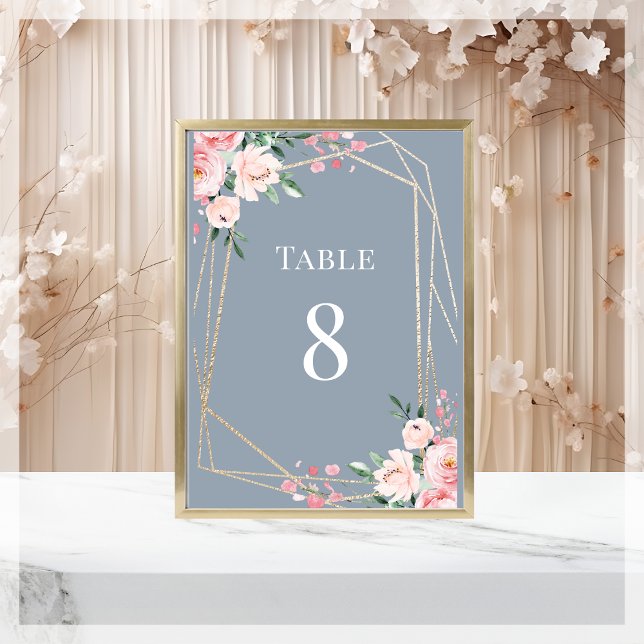 Dusty Blue | Gold | Blush Pink Floral Wedding  Table Number (Creator Uploaded)