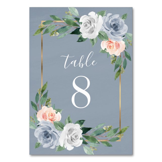 Dusty Blue Gold Blush Pink Peach Floral Wedding Table Number (Front)