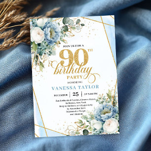 Dusty blue gold botanicals frame 90th birthday invitation