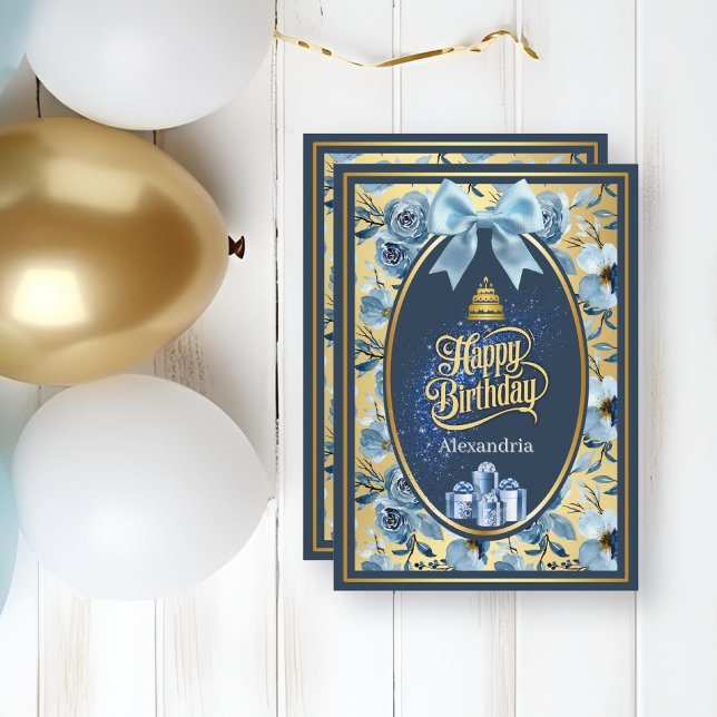 Dusty Blue Gold Bow Floral Script Birthday Card (Creator Uploaded)