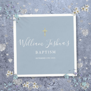 Dusty Blue Gold Cross Baptism Christening Napkin
