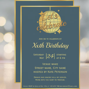 Dusty blue gold disco ball birthday party invitation