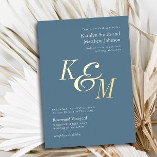 Dusty Blue Gold Elegant Classic Monogram Wedding