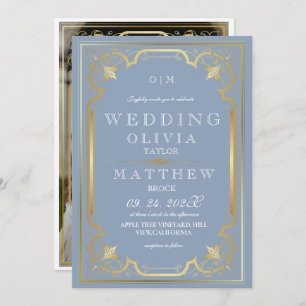 Dusty Blue Gold Elegant Ornate Romantic Wedding Invitation