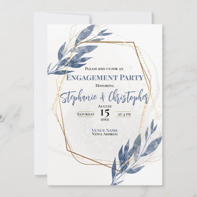 Dusty Blue Gold Eucalyptus Floral Engagement Invitation (Front)