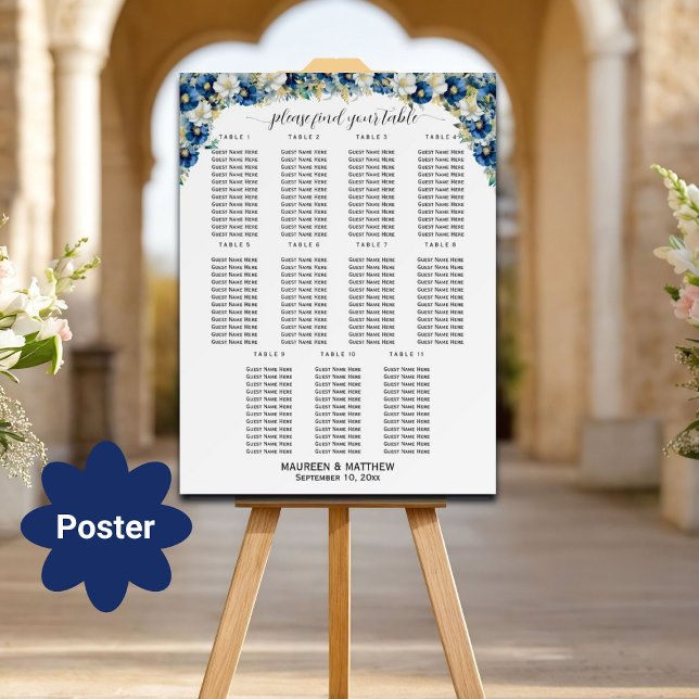 Dusty Blue Gold Floral 11 Tables Wedding Seating  Poster (Creator Uploaded)
