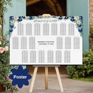 Dusty Blue Gold Floral 19 Tables Wedding Seating  Poster