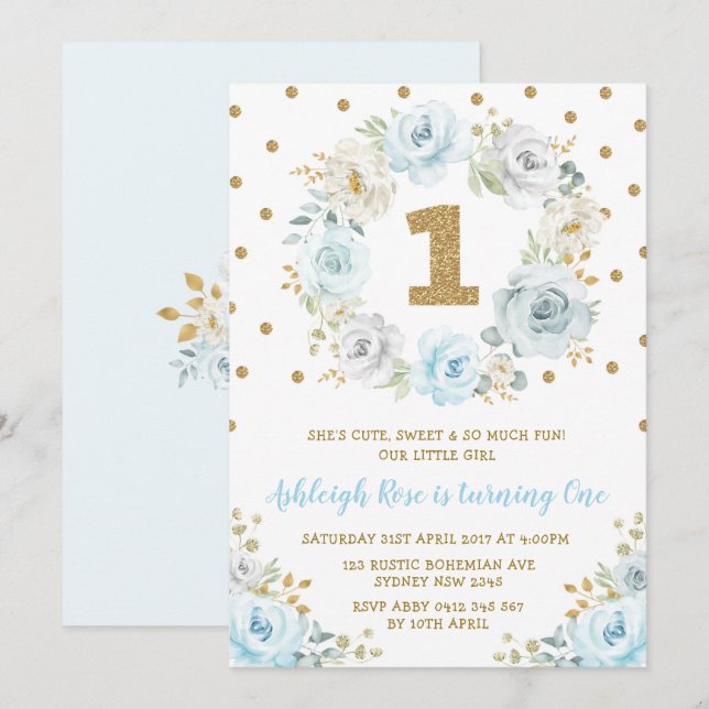 Dusty Blue Gold Floral 1st Birthday Wild One Party Invitation (Front/Back)