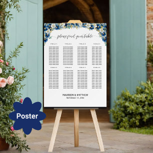 Dusty Blue Gold Floral 8 Tables Wedding Seating Poster