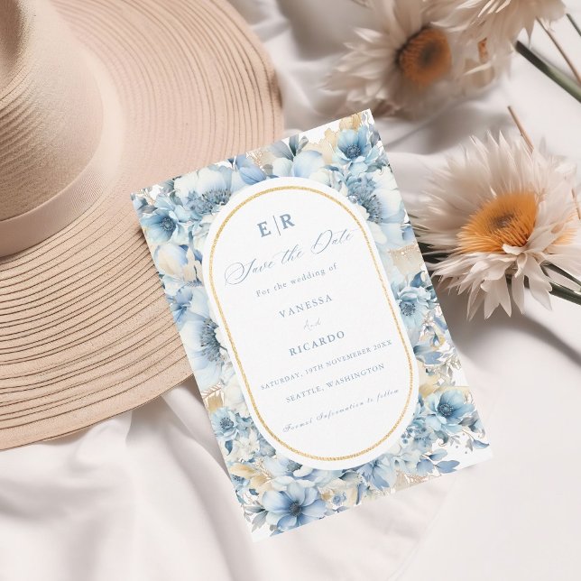 Dusty Blue Gold Floral Bloom all in one Wedding Invitation (Creator Uploaded)