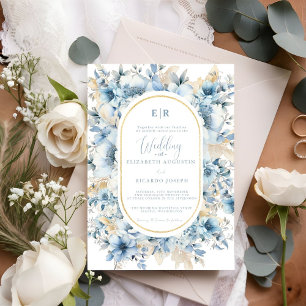 Dusty Blue Gold Floral Bloom all in one Wedding Invitation