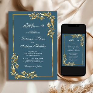 Dusty Blue Gold Floral Border Islamic Wedding Invitation