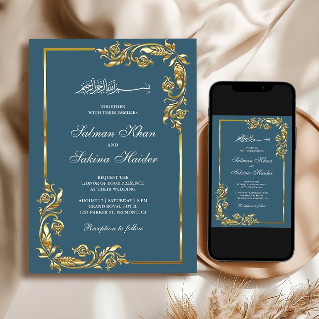 Dusty Blue Gold Floral Border Islamic Wedding Invitation (Creator Uploaded)
