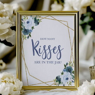 Dusty Blue Gold Floral How Many Kisses Sign