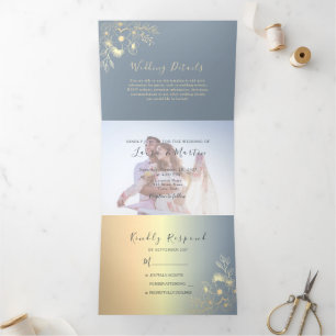 Dusty Blue Gold Floral Photo Wedding Tri-Fold Invitation