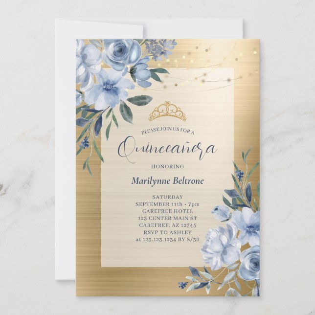 Dusty Blue Gold Floral Quinceañera Invitation (Front)