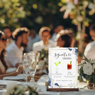 Dusty Blue Gold Floral Signature Drink Wedding Bar Pedestal Sign