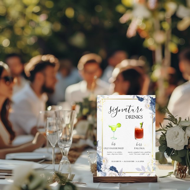 Dusty Blue Gold Floral Signature Drink Wedding Bar Pedestal Sign (Creator Uploaded)