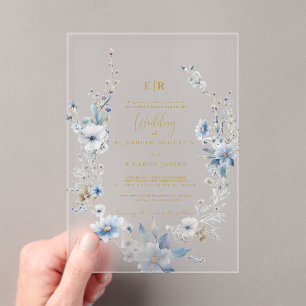 Dusty Blue Gold Floral Spring Bloom Wedding Acrylic Invitations