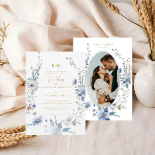Dusty Blue Gold Floral Spring Bloom Wedding Invitation