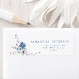 Dusty Blue Gold Floral Spring Bloom Wedding Return Address Label