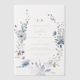 Dusty Blue Gold Floral Spring Bloom Wedding  Vellum Invitations