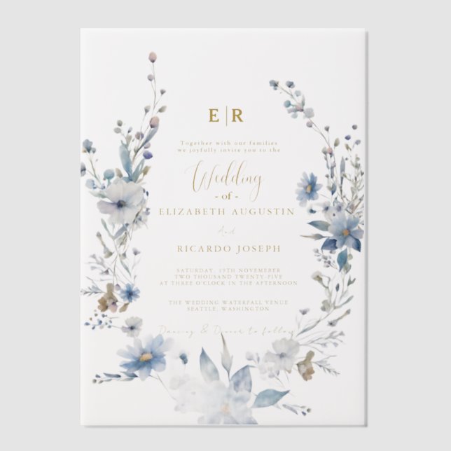 Dusty Blue Gold Floral Spring Bloom Wedding  Vellum Invitations (Front)