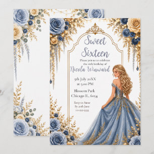 Dusty Blue Gold Floral Sweet Sixteen Party Invitation