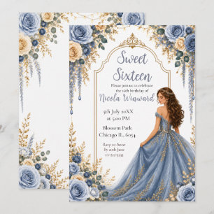 Dusty Blue Gold Floral Sweet Sixteen Party Invitation