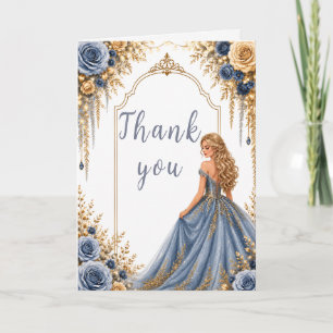 Dusty Blue Gold Floral Sweet Sixteen Party Thank You Card