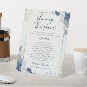 Dusty Blue Gold Floral Wedding Blow Up Their Phone Pedestal Sign