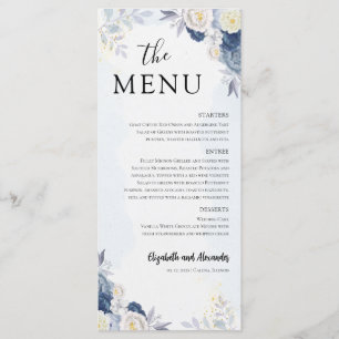 Dusty Blue Gold Floral Wedding Menu and Thank you