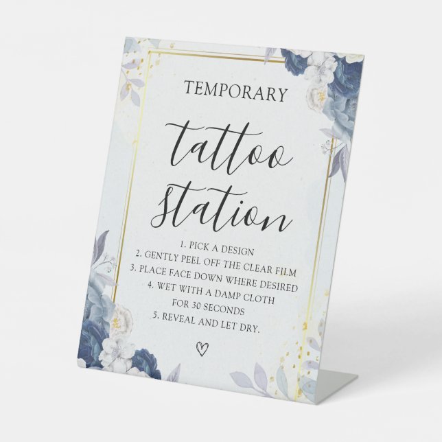 Dusty Blue Gold Floral Wedding Tattoo Sign (Front)