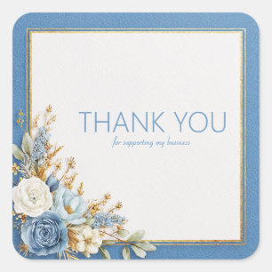 Dusty Blue Gold Foil Floral Watercolor Frame Art Square Sticker