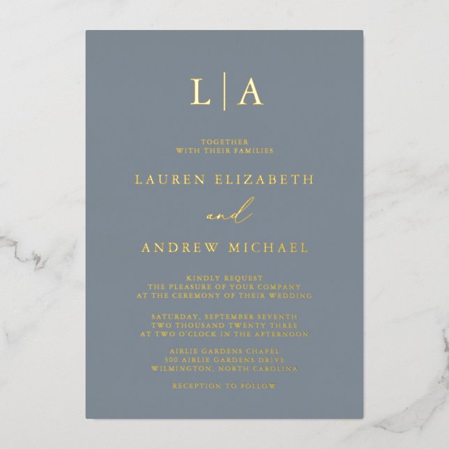Dusty Blue Gold Foil Monogram Minimalist Wedding (Front)