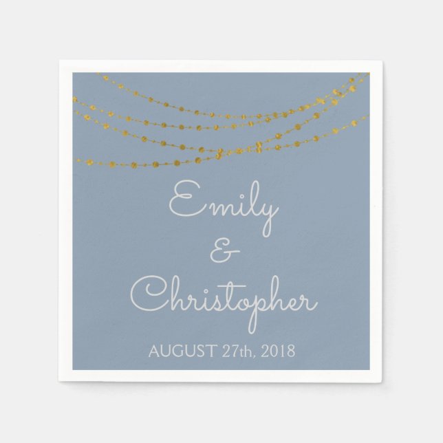 Dusty Blue & Gold Foil String Lights Wedding Napkin (Front)