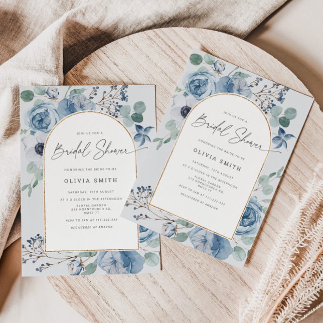 Dusty blue gold frame bridal shower invitation (Creator Uploaded)