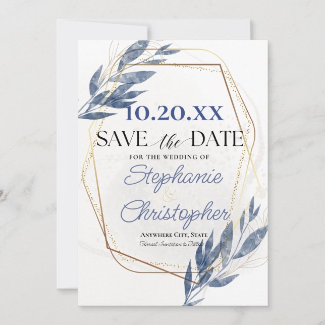 Dusty Blue Gold Frame Eucalyptus Save the Date  Invitation (Front)