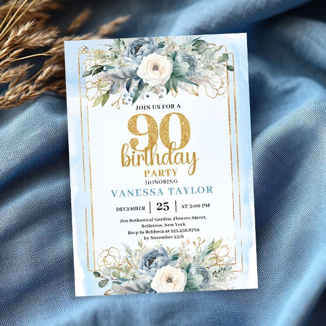 Dusty Blue Gold Frame Modern 90th Birthday Invite (Dusty Blue Gold Frame Modern 90th Birthday Invite)