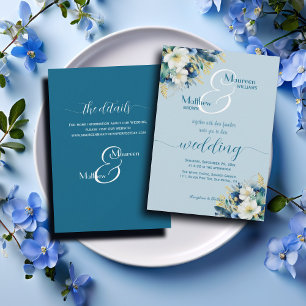 Dusty Blue Gold Glitter Floral and Details Wedding Invitation