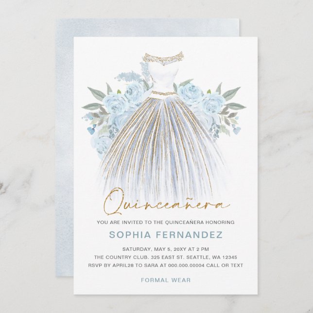 Dusty Blue gold glitter Floral Dress Quinceañera Invitation (Front/Back)