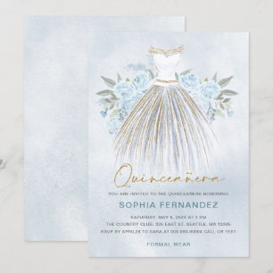 Dusty Blue gold glitter Floral Dress Quinceañera Invitation