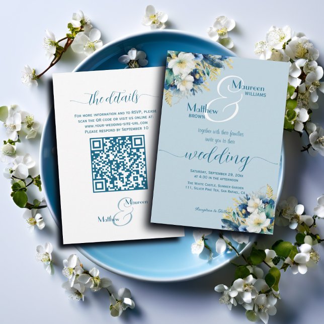 Dusty Blue Gold Glitter Floral QR Code Wedding Invitation (Creator Uploaded)