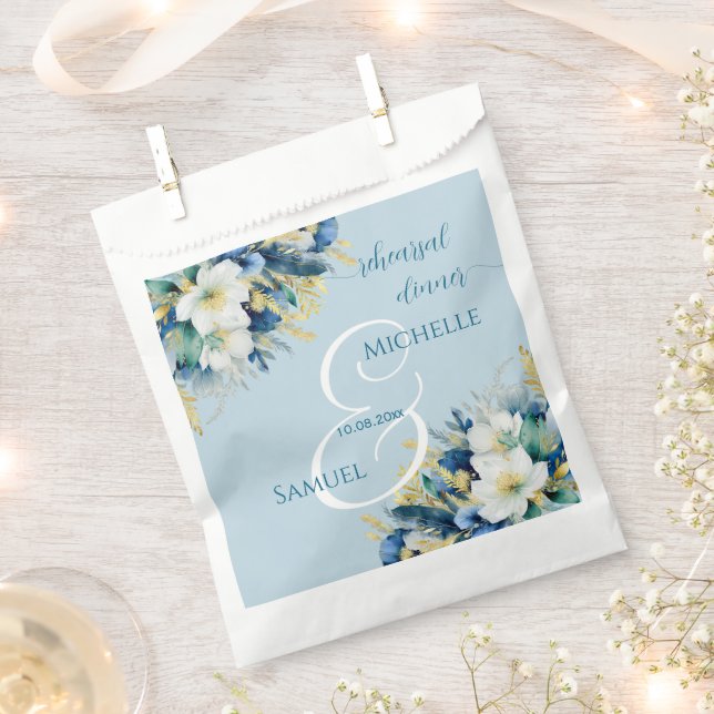 Dusty Blue Gold Glitter Floral Rehearsal Dinner Favour Bag (Clipped)