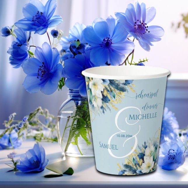 Dusty Blue Gold Glitter Floral Rehearsal Dinner Paper Cups (Creator Uploaded)