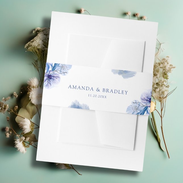 Dusty Blue & Gold Glitter Floral Rustic Wedding Invitation Belly Band (Creator Uploaded)