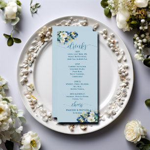 Dusty Blue Gold Glitter Floral Wedding Bar Menu