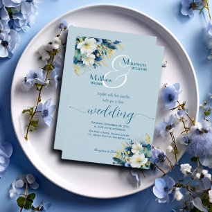 Dusty Blue Gold Glitter Floral Wedding Invitation