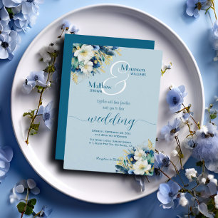 Dusty Blue Gold Glitter Floral Wedding Invitation