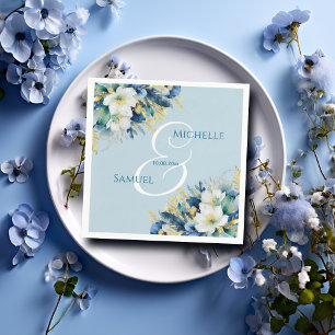 Dusty Blue Gold Glitter Floral Wedding Napkin